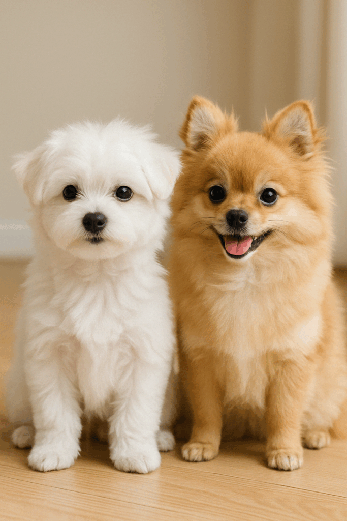 毛色や耳の形が違うマルポメたちの写真、ミックス犬ならではの個性