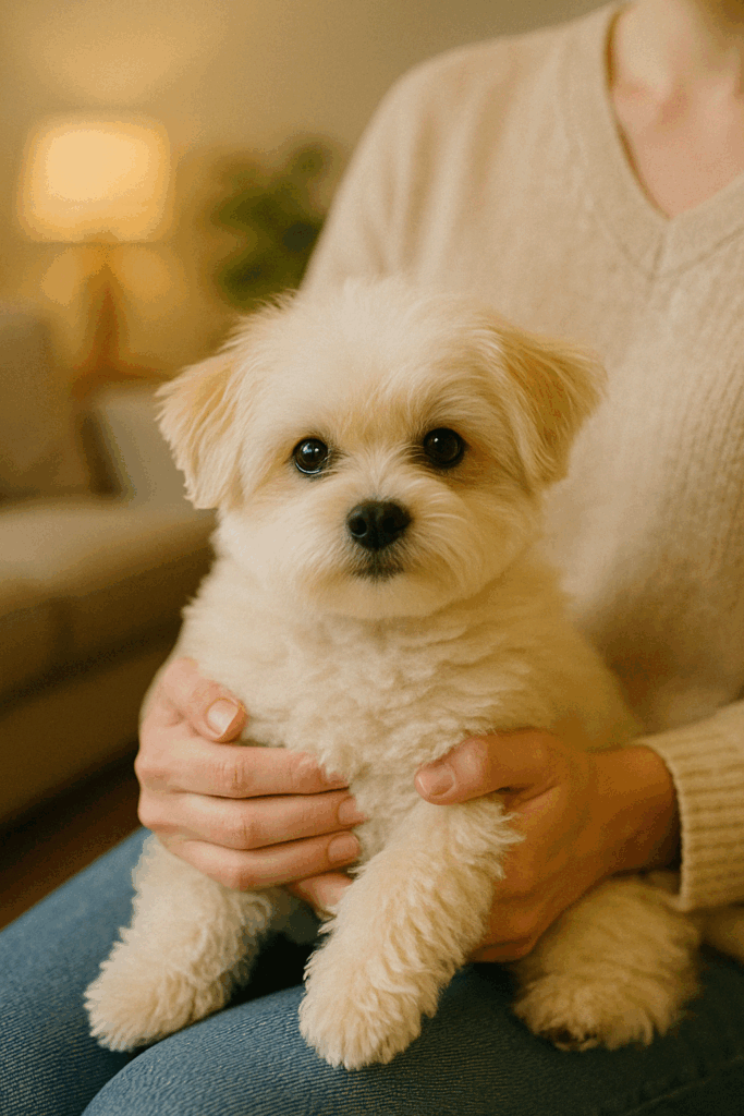 抱っこされているマルポメ、飼い主との信頼関係が感じられるシーン