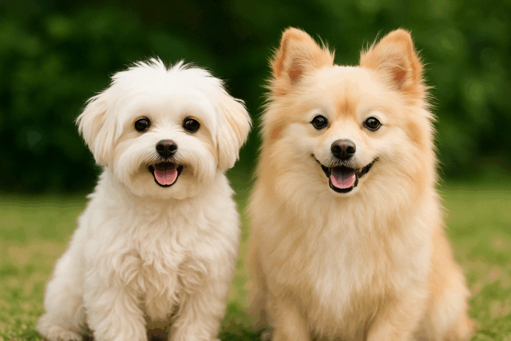 見た目の異なる2匹のマルポメ。ミックス犬ならではの個性が際立つ構図
