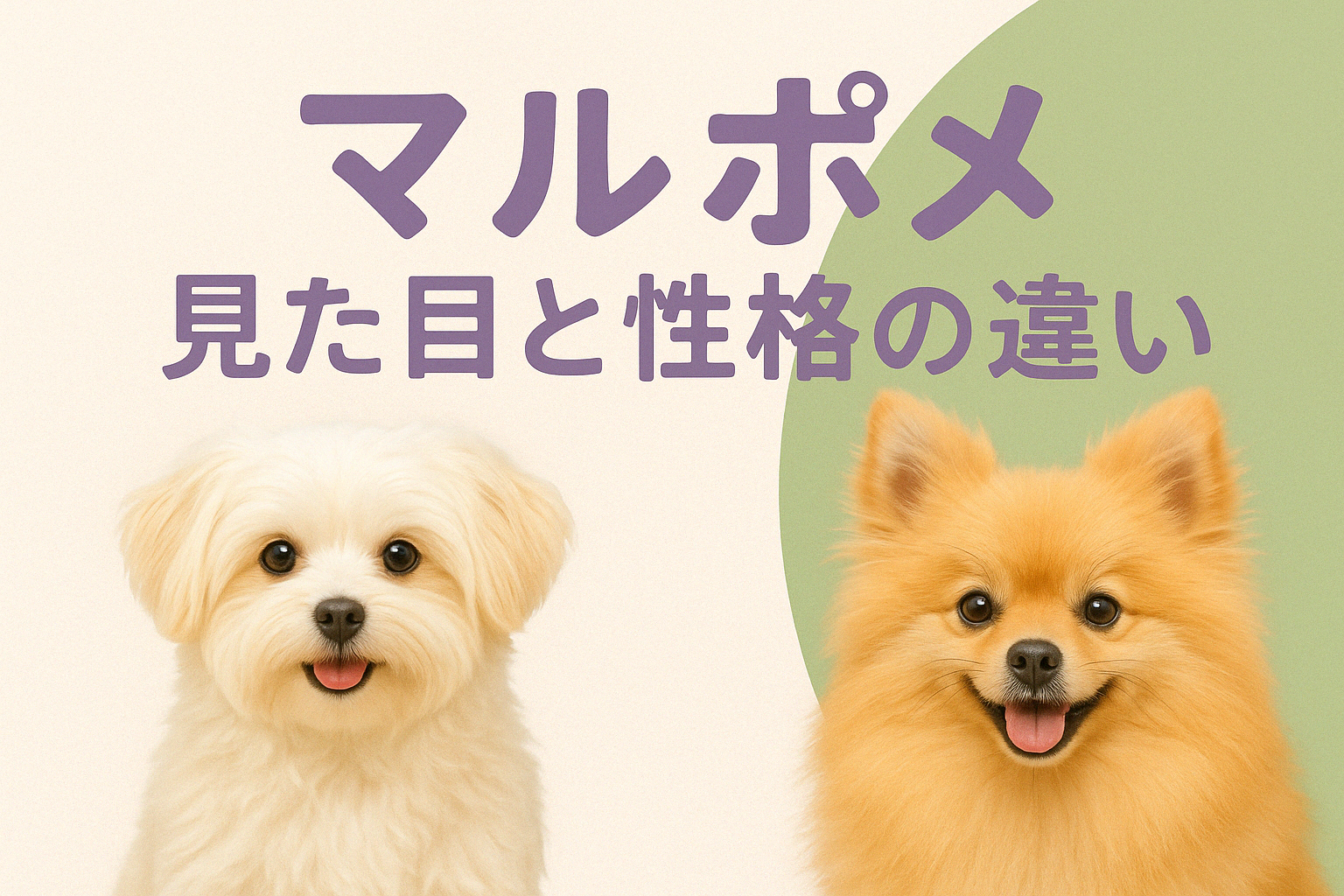 見た目の異なる2匹のマルポメ。ミックス犬ならではの個性が際立つ構図