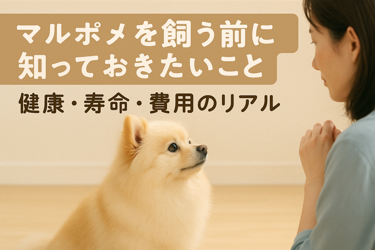 飼い主と向き合うマルポメ。飼う前に考えるべき責任と信頼を象徴する構図