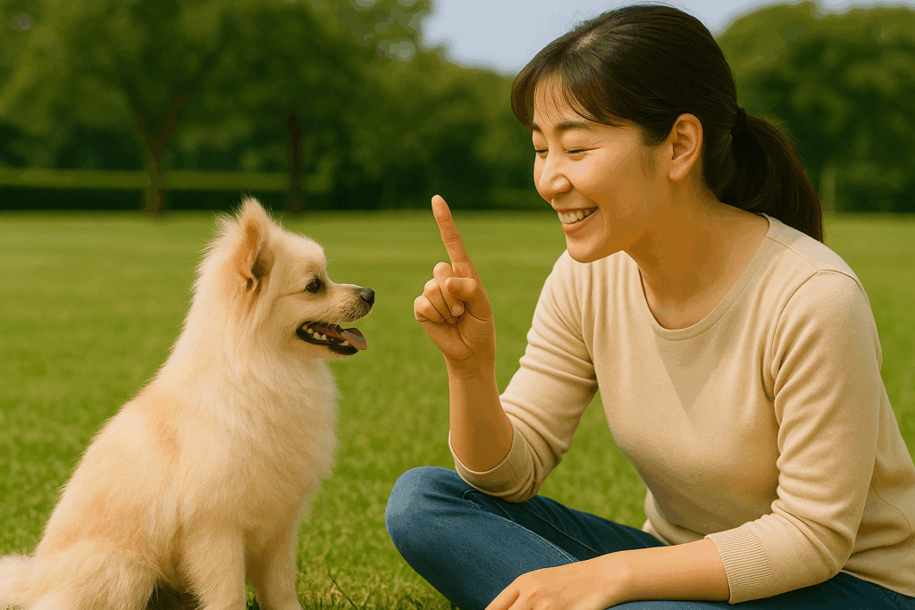 飼い主とアイコンタクトをとりながらトレーニングするマルポメ