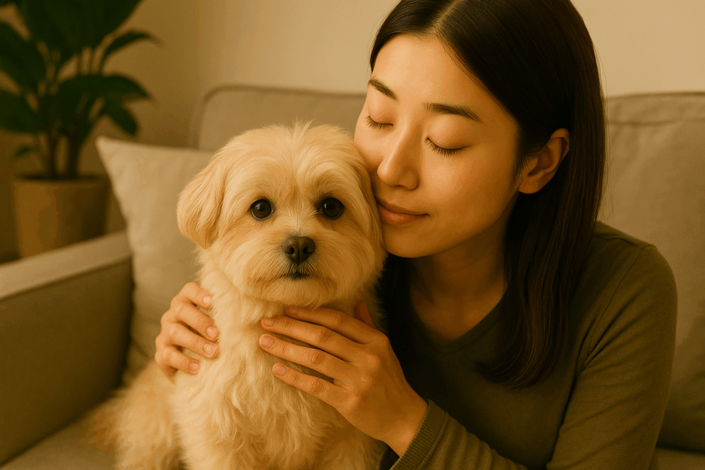吠えた後、落ち着いてなでられているマルポメ