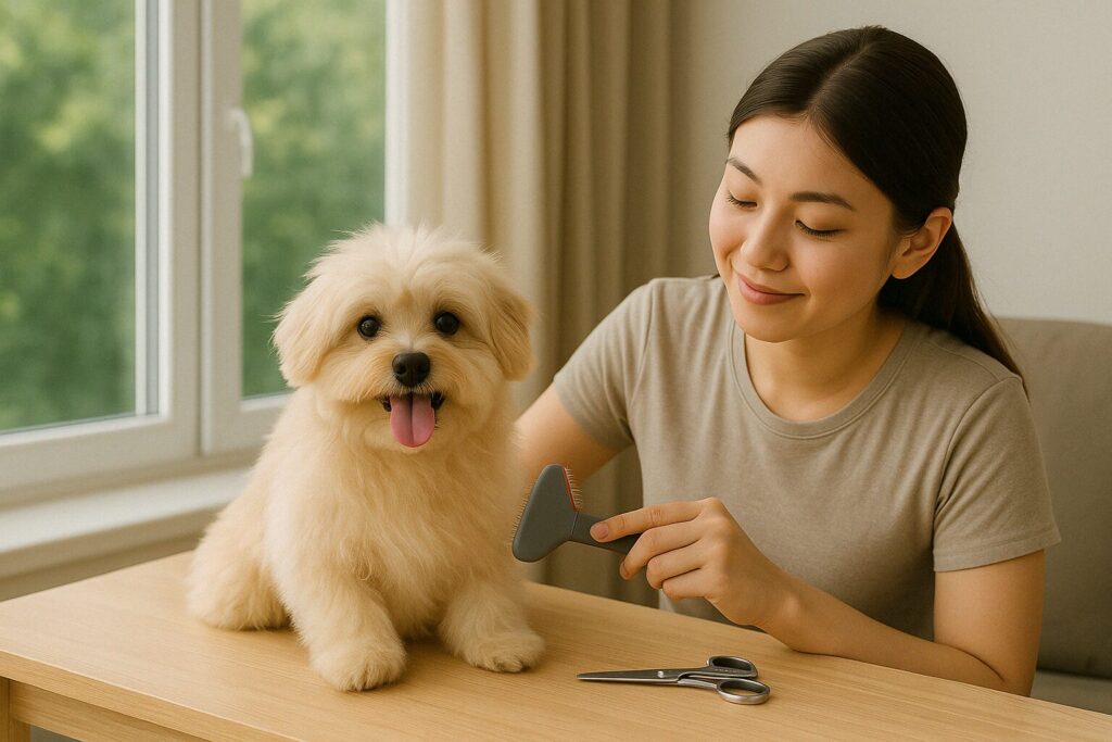 日常のお手入れに励む飼い主とマルポメのリアルなシーン