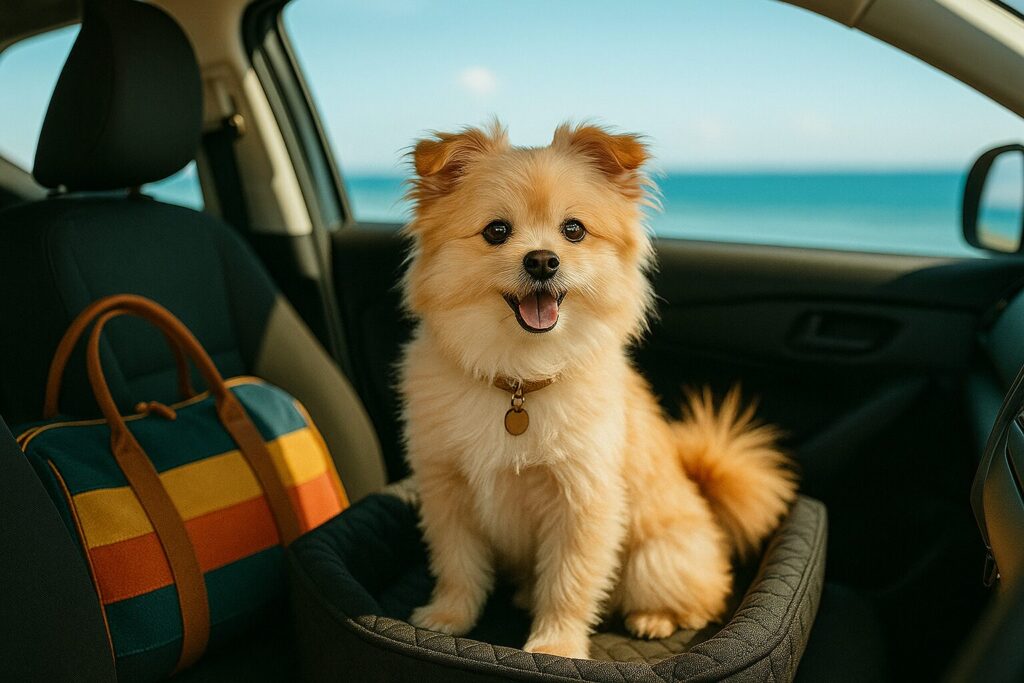 海をバックに車内で座るマルポメ
