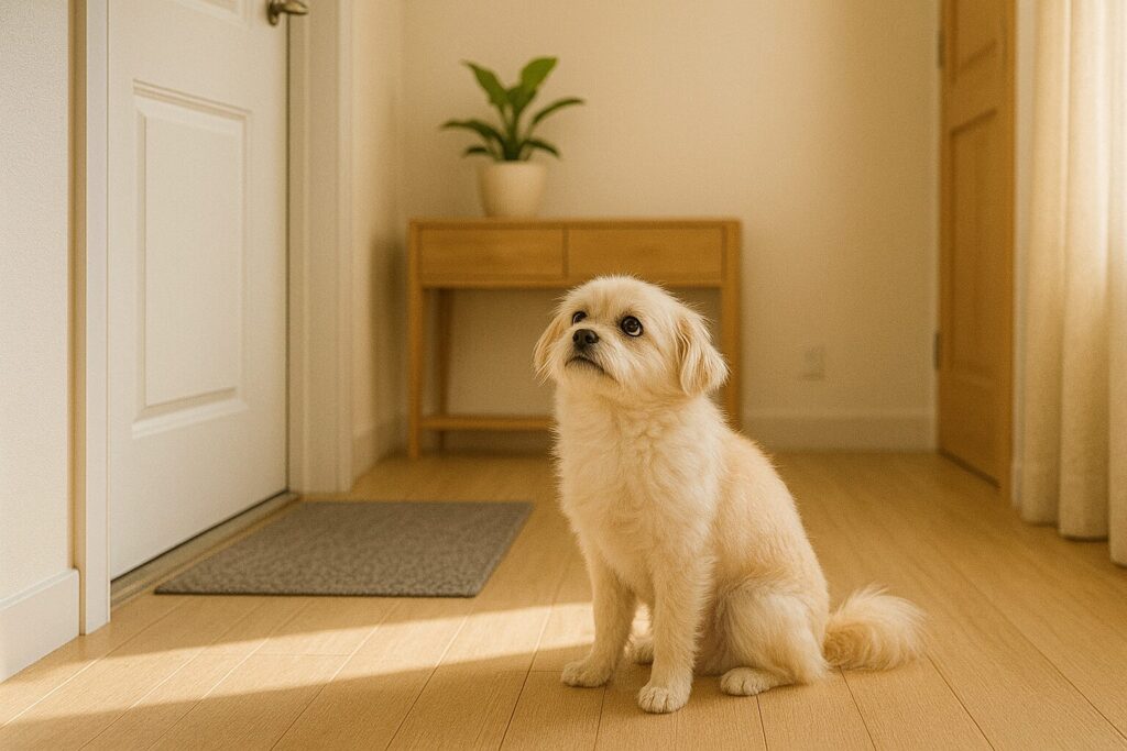 玄関前でおすわりして飼い主を待つマルポメ