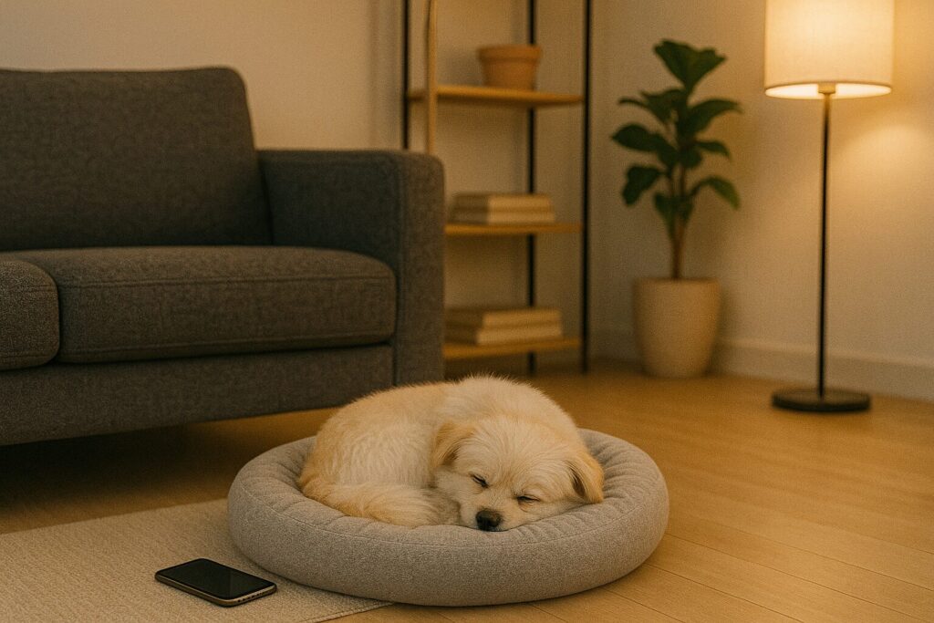グレーのベッドでぐっすり眠るマルポメ