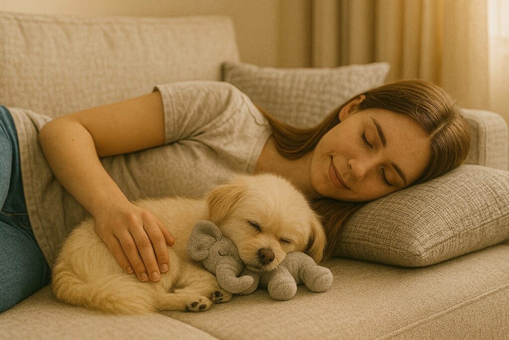 女性とマルポメがソファで寄り添って眠っている