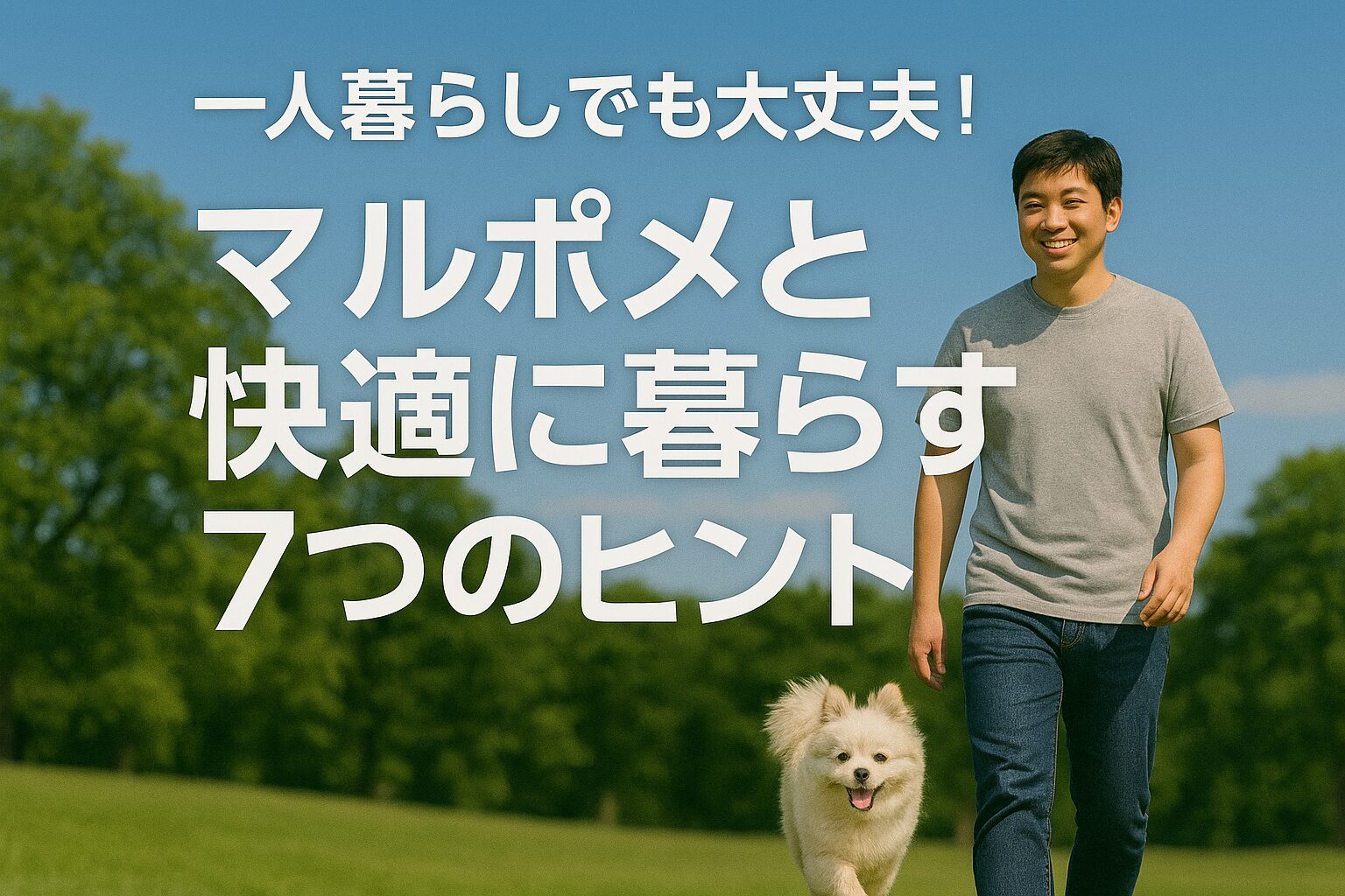 公園を散歩する男性とマルポメ、タイトル文字入り