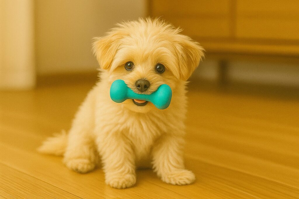 青いおもちゃをくわえたマルポメの子犬