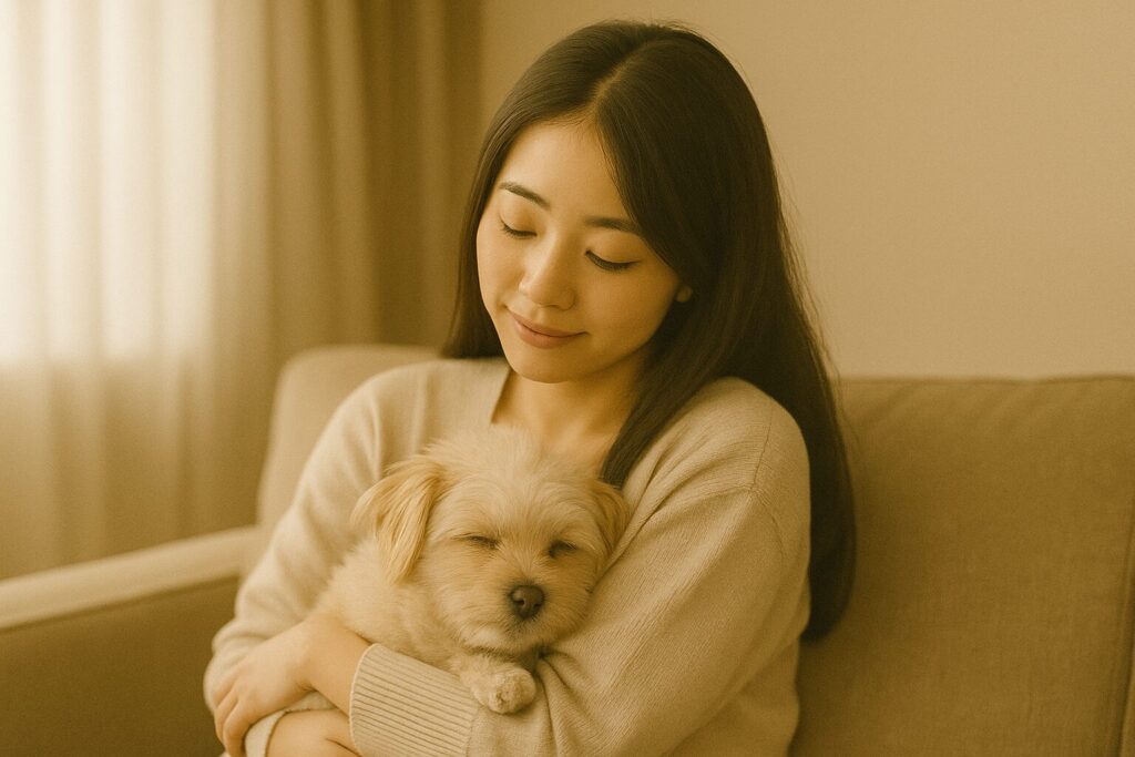 女性がマルポメを優しく抱いてソファでくつろいでいる