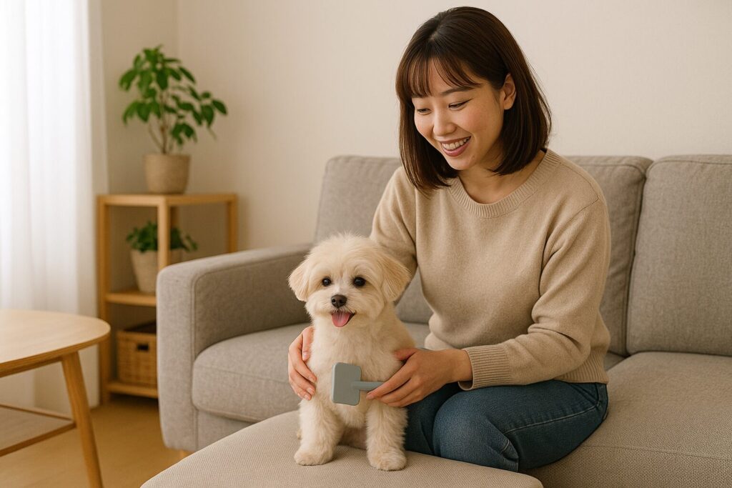 室内でブラッシングされるマルポメ