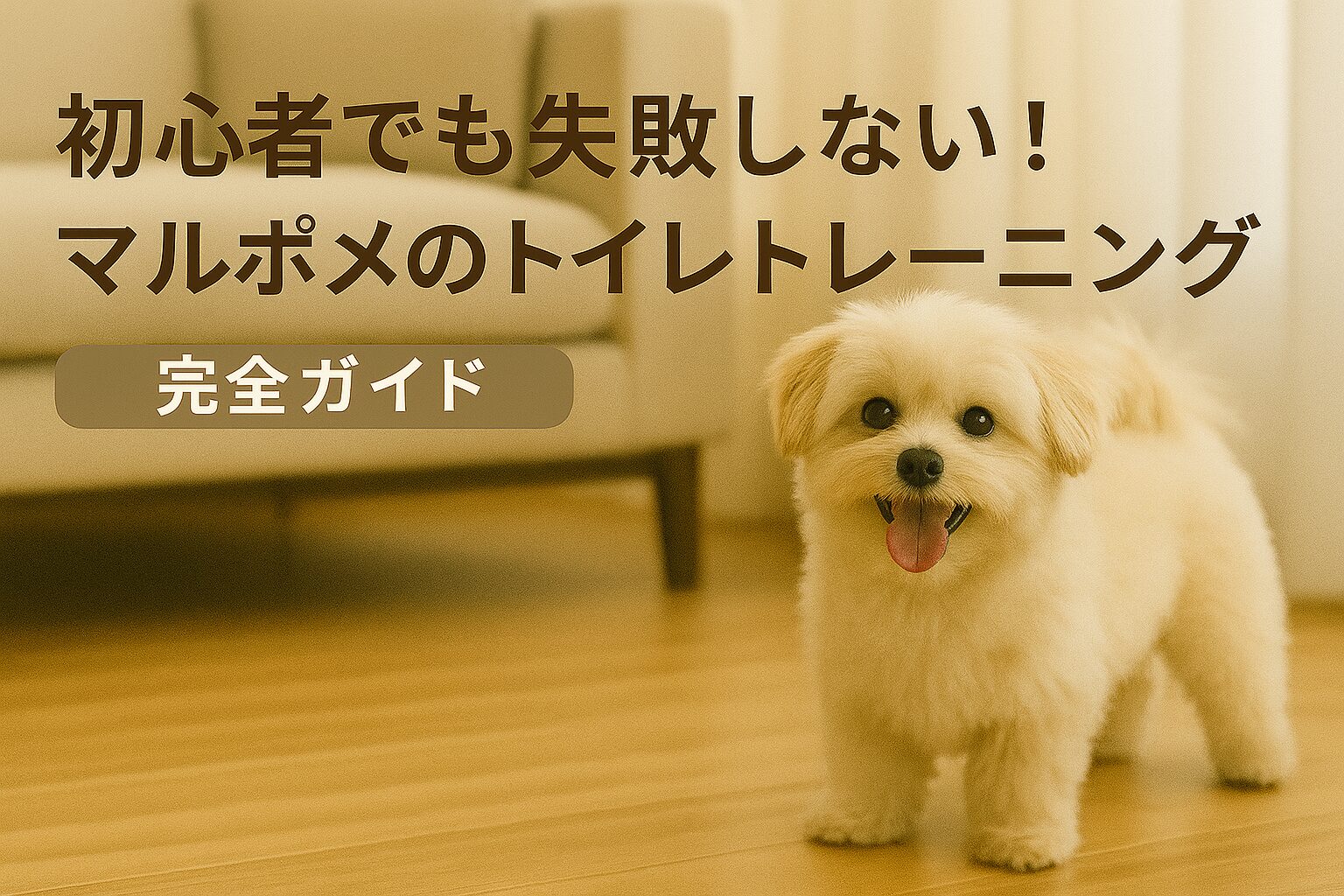 トイレトレーニングの基本という文字とマルポメの子犬の横長画像