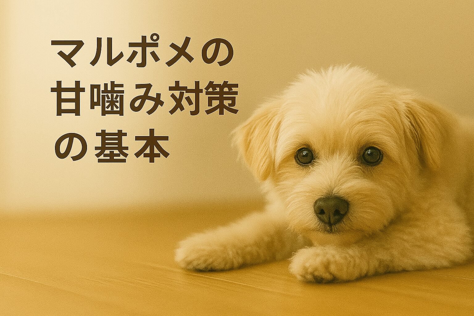 横になってこちらを見るマルポメの子犬と甘噛み対策の基本というタイトル文字