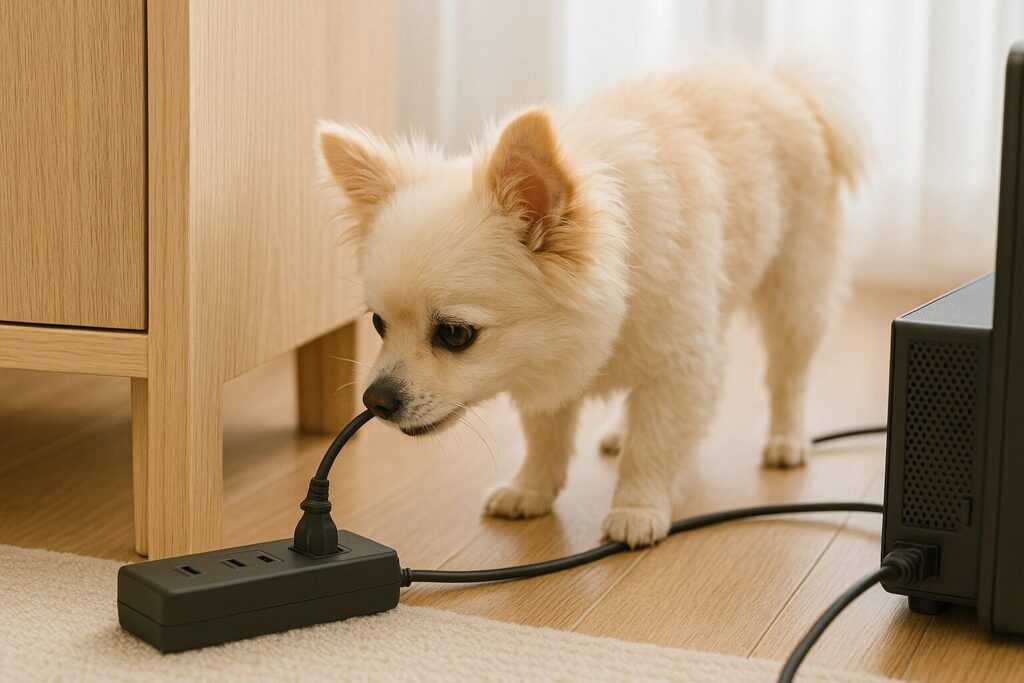 マルポメが電源タップのケーブルをかじっている