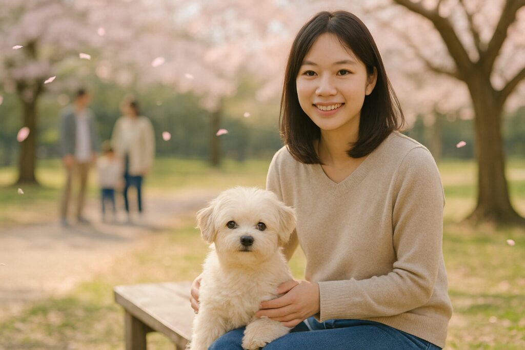 桜の下でマルポメとベンチに座る女性