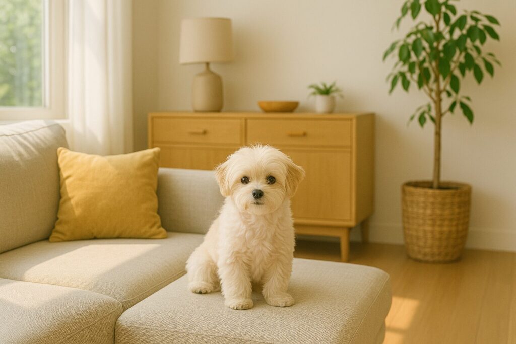 可愛らしい犬と居心地の良いリビング
