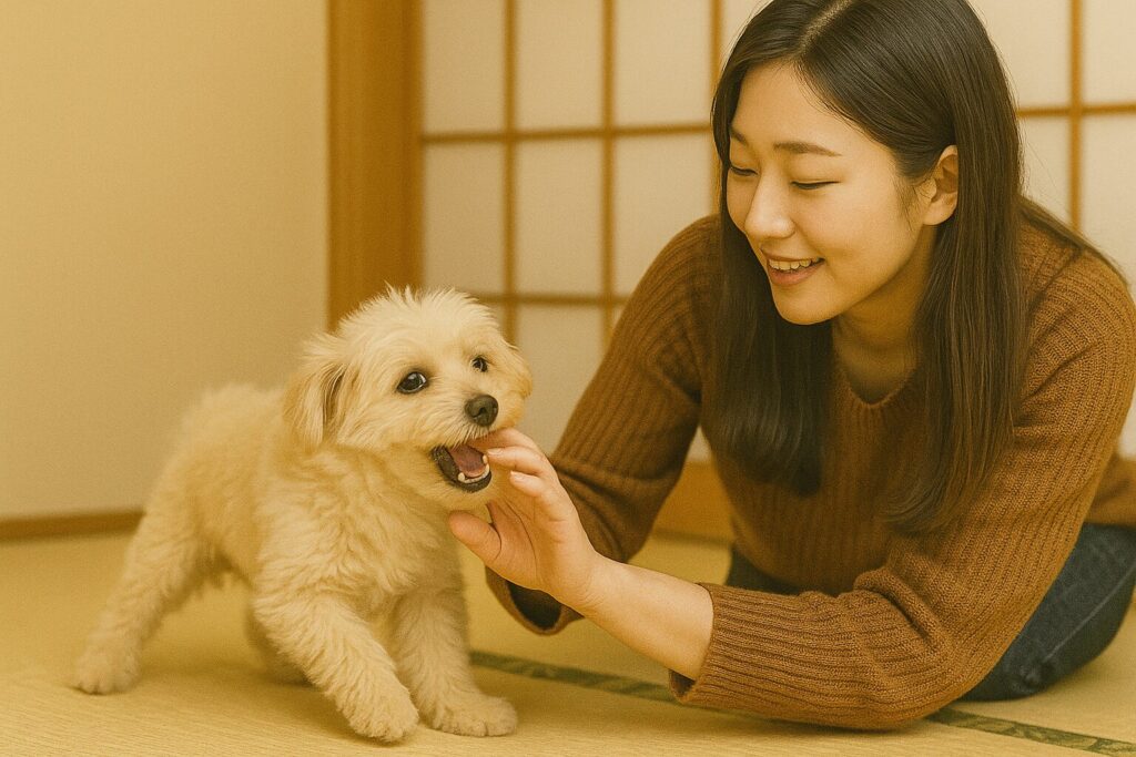 女性が甘噛みしてきたマルポメに微笑みながら手を引いている