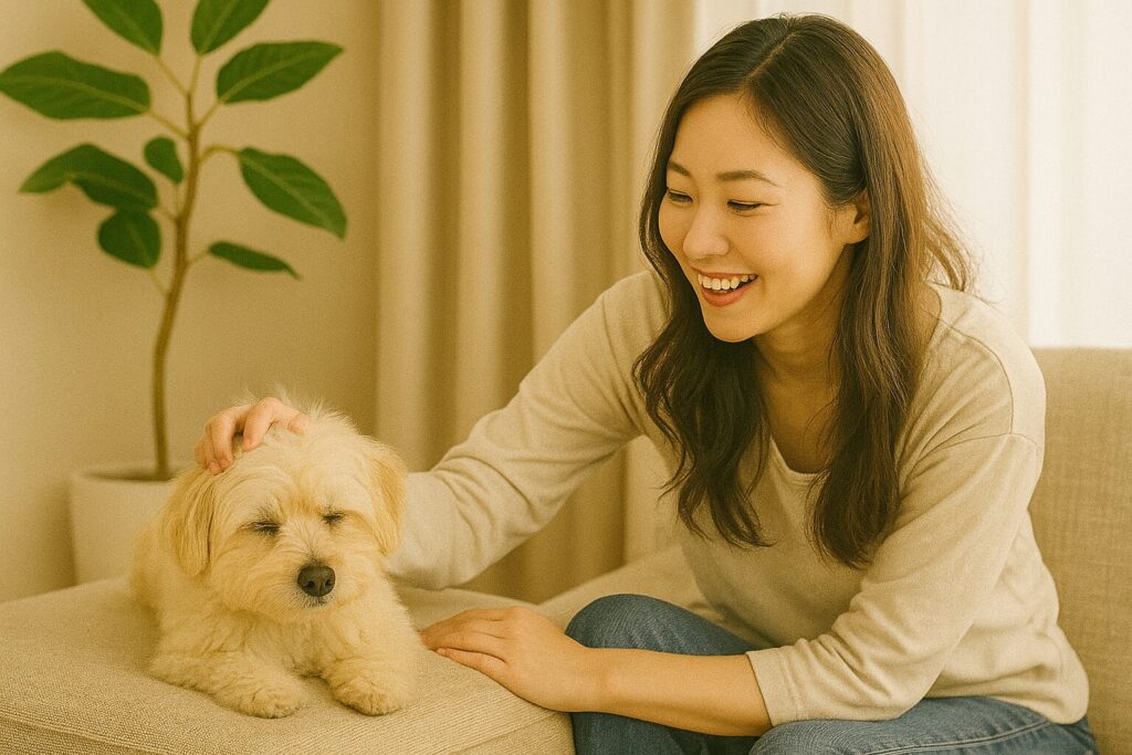 日本人女性がマルポメをなでながらソファでくつろいでいる