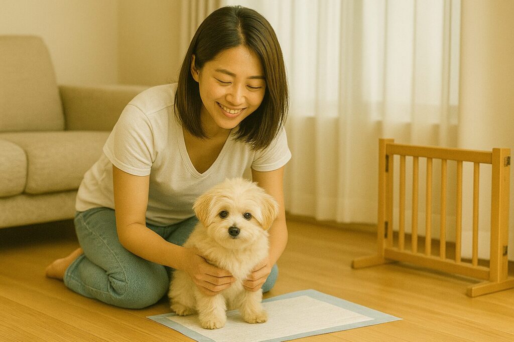 マルポメの子犬をトイレシートの上でやさしく支えている