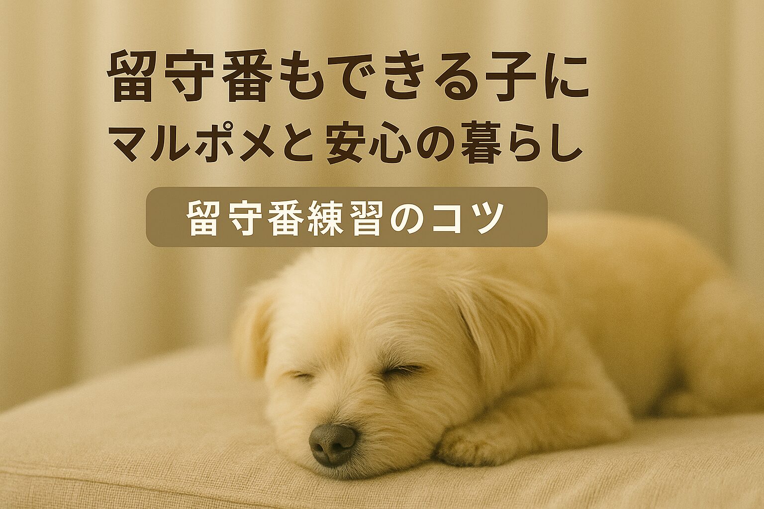 リビングでくつろぐ日本人女性と足元で眠るマルポメ、タイトル入り