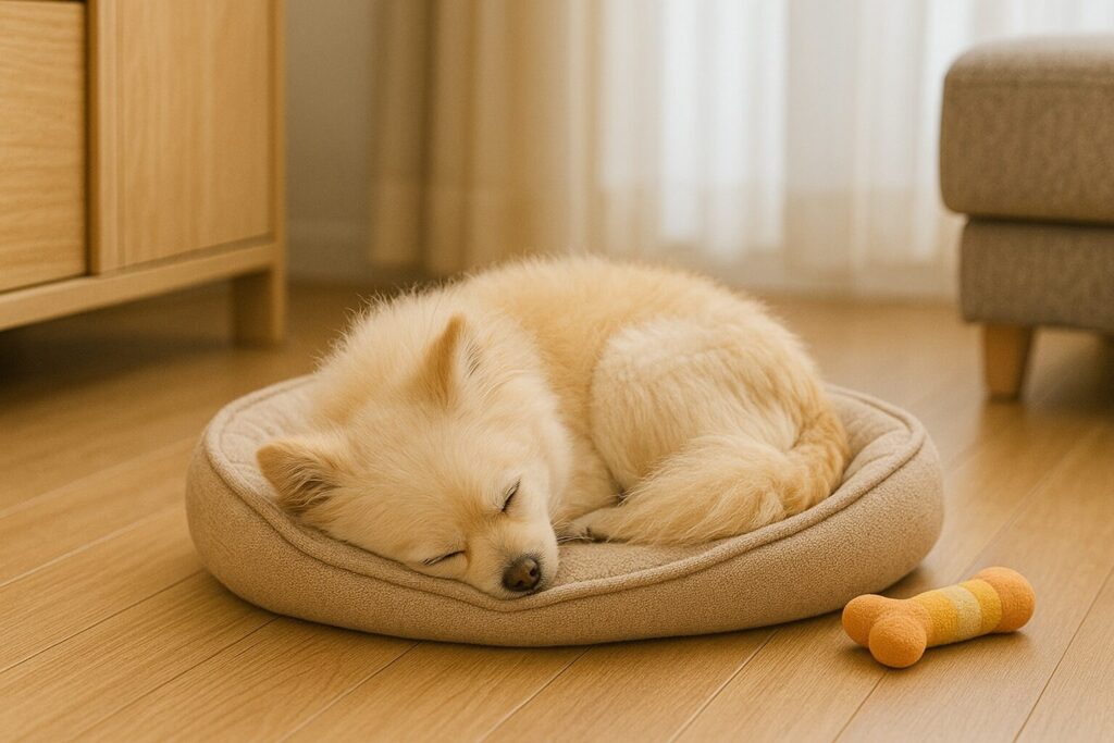 おもちゃのそばで丸くなって眠るマルポメ