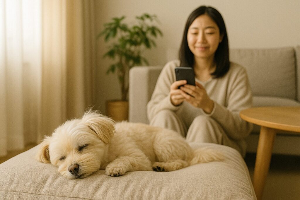 女性がソファでくつろぎながらマルポメが足元で眠っている
