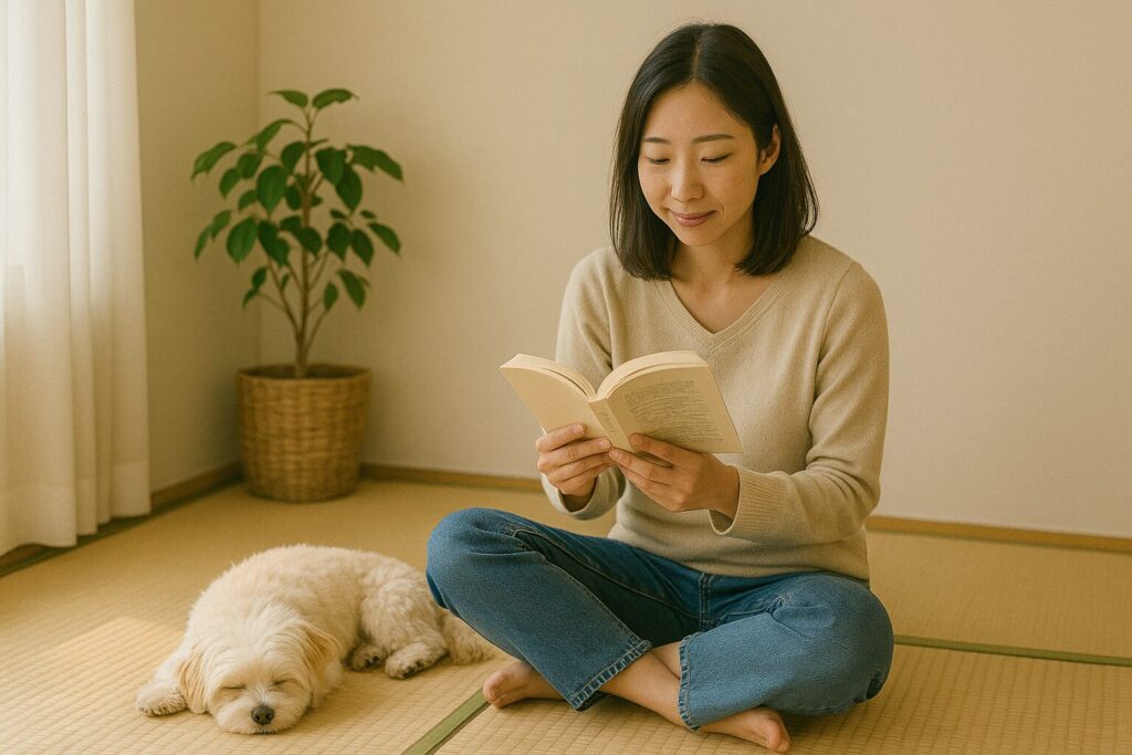 和室で読書する女性と隣で眠るマルポメ