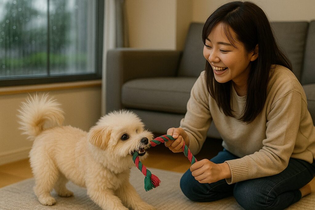 雨の日に室内で遊ぶマルポメと女性